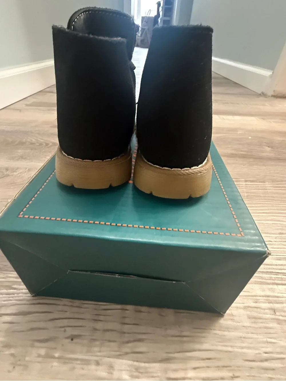 Kids Black Suede Ankle Boots with Tan Sole